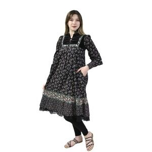 Jessica Mcclintock Gunne Sax Black Cottagecore Floral Print Cotton Dress XS